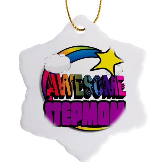 3dRose, Shooting Star Rainbow Awesome Stepmom, 3 inch Snowflake Porcelain Ornament
