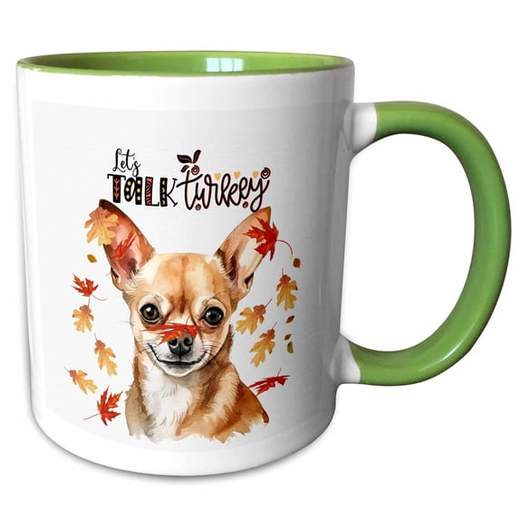 3drose, Shorthaired Tan Chihuahua Dog Talks Turkey on Thanksgiving, 15oz Two-tone Green Mug