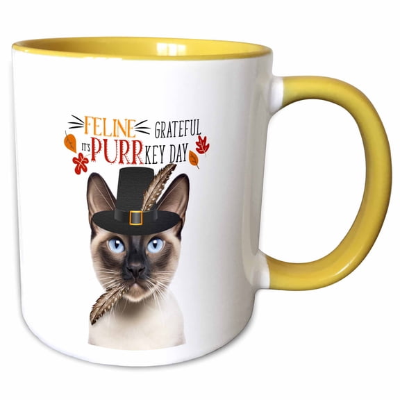 3drose, Siamese Cat with Seal Points and Thanksgiving Feline Humor, 11oz Two-tone Yellow Mug