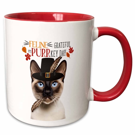 3drose, Siamese Cat with Seal Points and Thanksgiving Feline Humor, 15oz Two-tone Red Mug