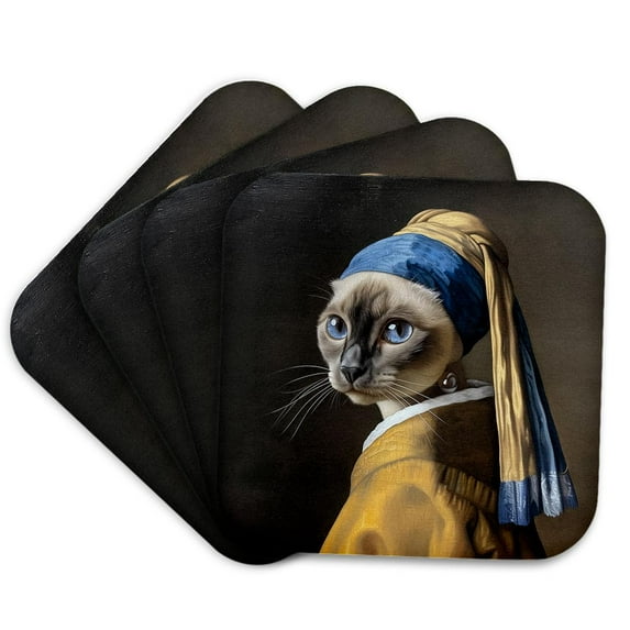 3drose, Siamese with Pearl Earring Golden Age Painting, Set of 4 Coasters - Soft