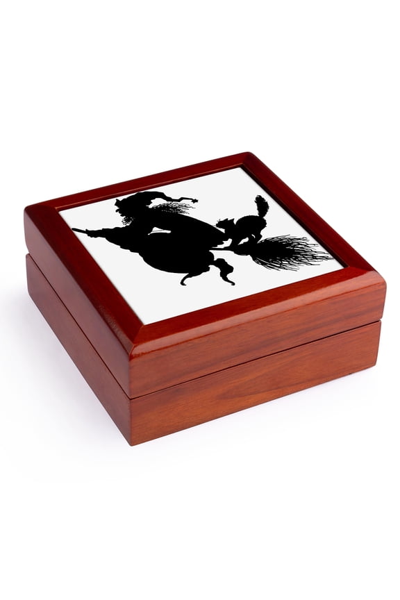, Silhouette of Witch and broom, Jewelry Box 5.5x5.5 inch with 4 inch tile