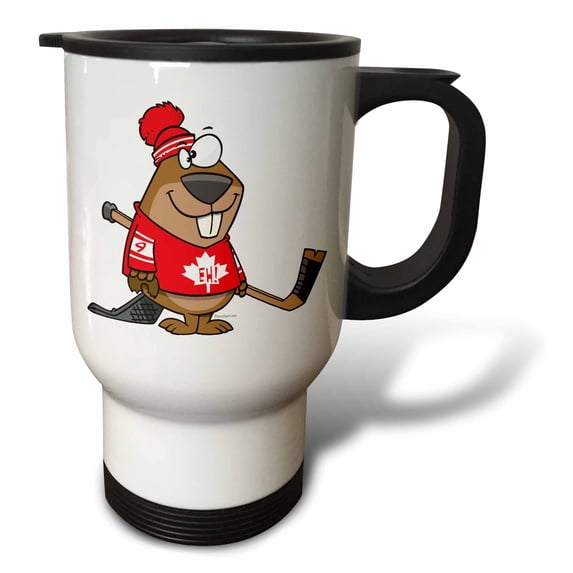 3drose, Silly Canadian Hockey Beaver, 14oz Stainless Steel Travel Mug
