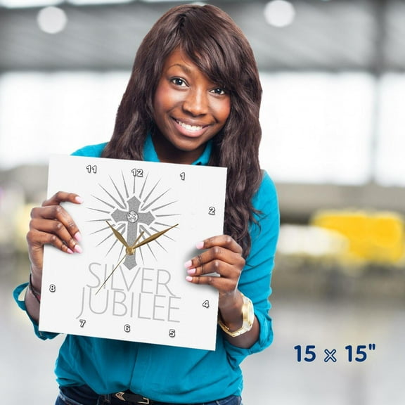 3dRose, Silver Jubilee Celebration 25 Year Religious Anniversary, 15x15 Wall Clock