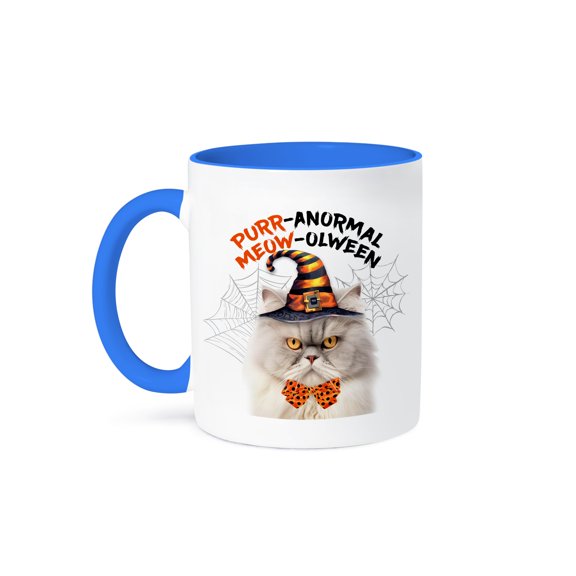 3dRose, Silver and Cream Persian Halloween Kitty Cat with Feline Humor, 11oz Two-Tone Blue Mug