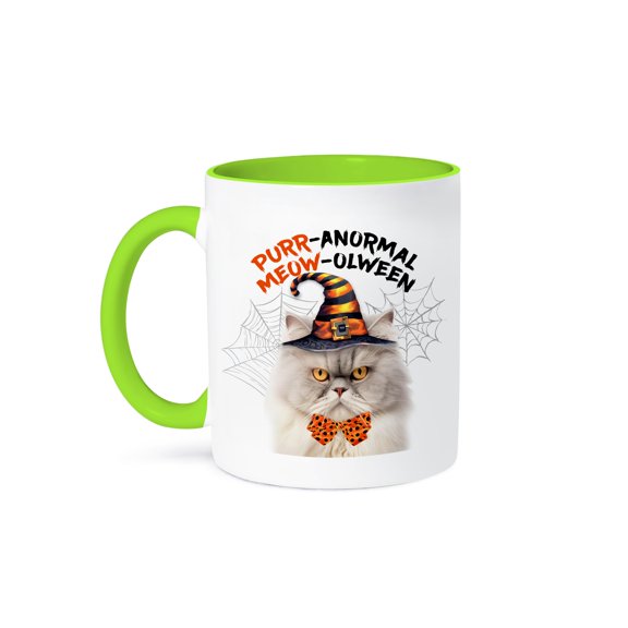 3dRose, Silver and Cream Persian Halloween Kitty Cat with Feline Humor, 11oz Two-Tone Green Mug