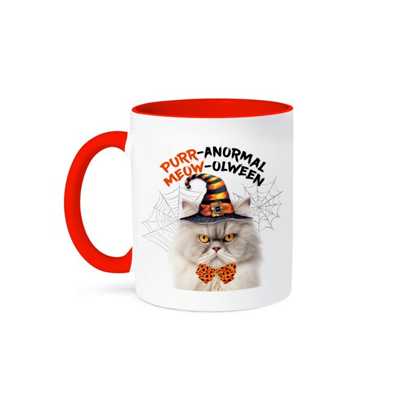 3dRose, Silver and Cream Persian Halloween Kitty Cat with Feline Humor, 11oz Two-Tone Red Mug