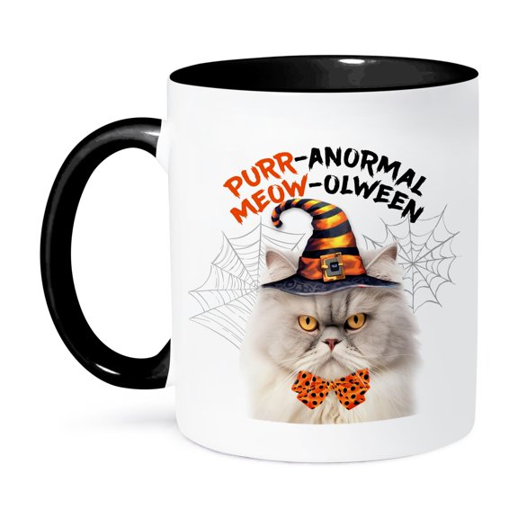 3dRose, Silver and Cream Persian Halloween Kitty Cat with Feline Humor, 15oz Two-Tone Black Mug