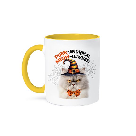 3dRose, Silver and Cream Persian Halloween Kitty Cat with Feline Humor, 15oz Two-Tone Yellow Mug