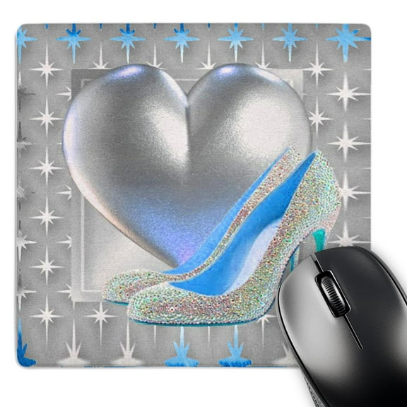 3dRose, Silver and blue toned heart and bling shoe, MousePad