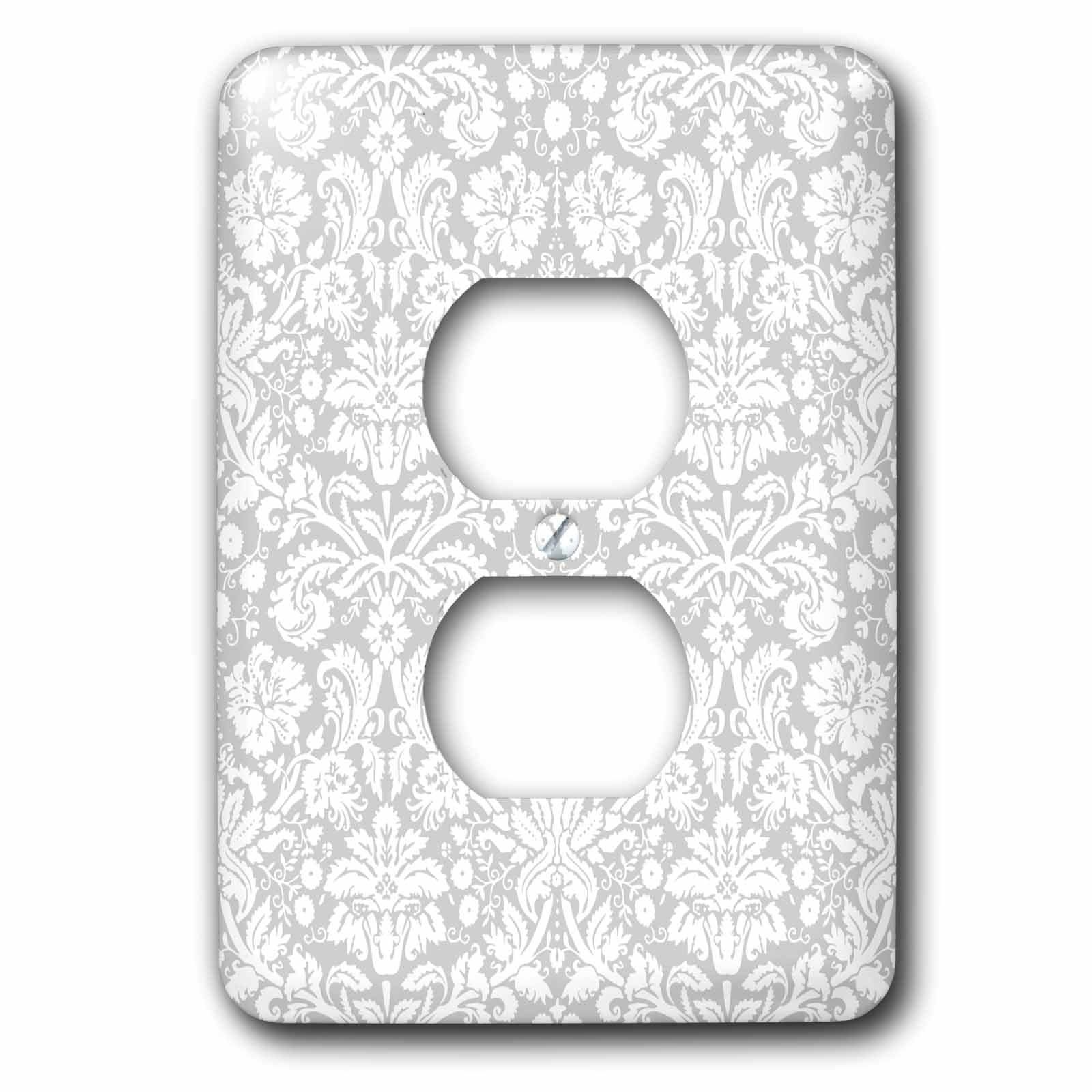 3dRose, Silver and white damask pattern - grey gray - fancy french floral swirls - stylish classy elegant, 2 plug outlet cover
