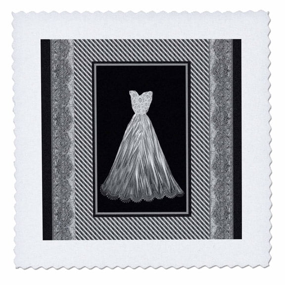 3dRose, Silver gray gown with coordinating striped and damask frame, 8x8 inch quilt square