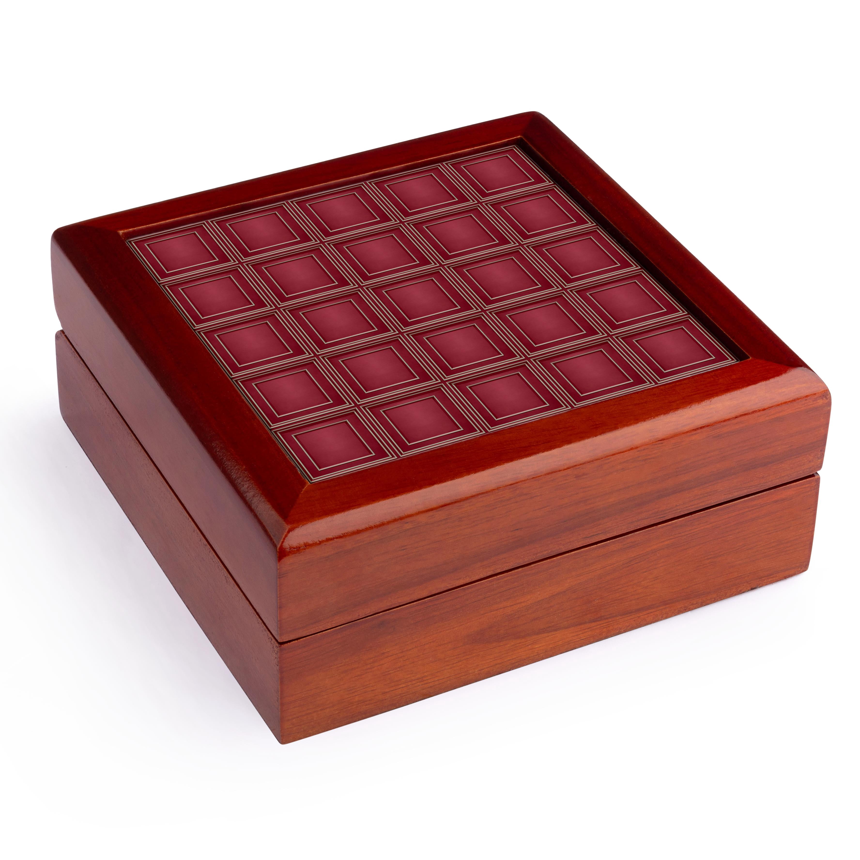 3dRose, Simple Geometric Regency Period Square Abstract Pattern Red, Jewelry Box 5.5x5.5 inch with 4 inch tile