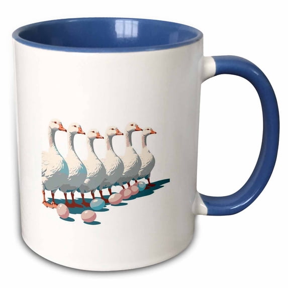 3drose, Six Geese A-laying in a Line up with Multicolored Eggs, 15oz Two-tone Blue Mug