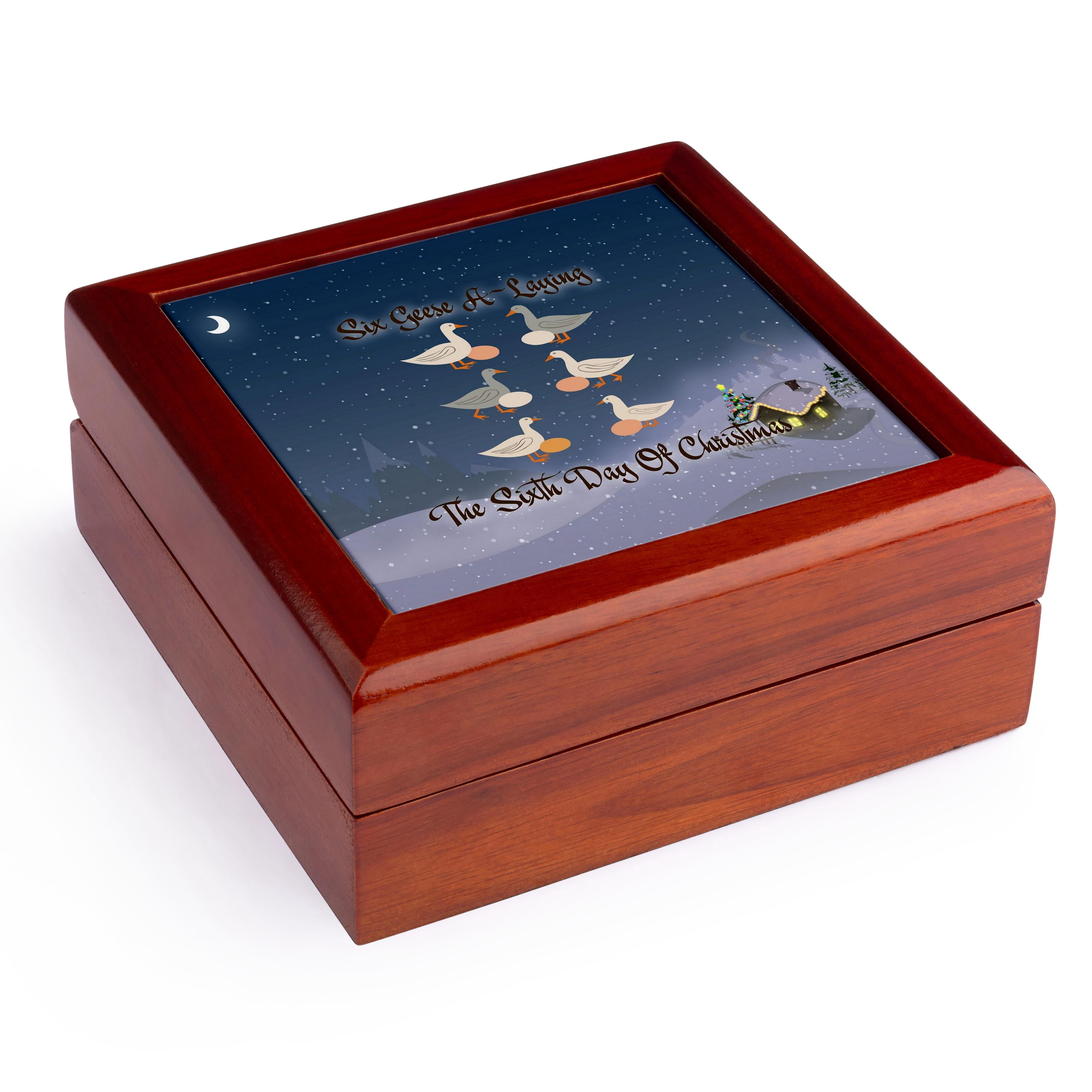 3dRose, Six Geese A-Laying Mid-Century Retro Cut-Out, Jewelry Box 5.5x5.5 inch with 4 inch tile