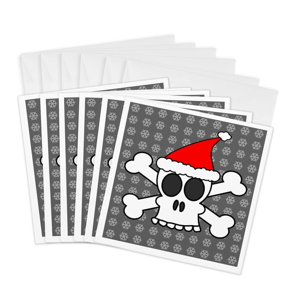 3drose, Skull and Crossbones Red Santa Hat Gray Snowflakes, 6 Greeting Cards with Envelopes