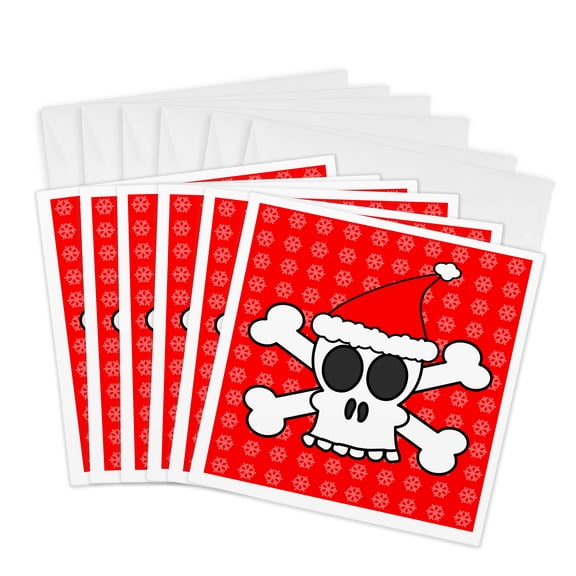 3drose, Skull and Crossbones Red Santa Hat Snowflakes, 6 Greeting Cards with Envelopes