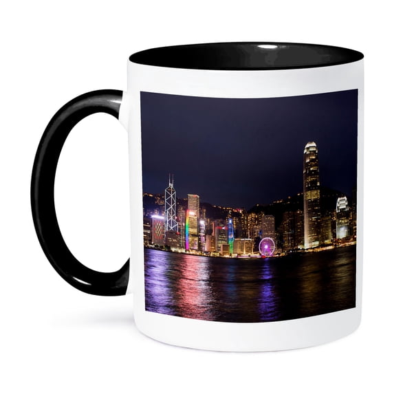 3dRose, Skyline harbor with reflections on water, Hong Kong, China, 11oz Two-Tone Black Mug