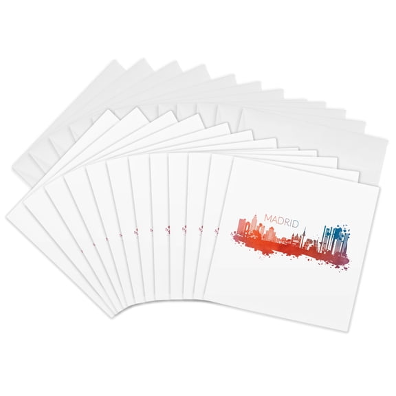 3drose, Skyline of Madrid Spain with Watercolor Art Tourist, 12 Greeting Cards with Envelopes