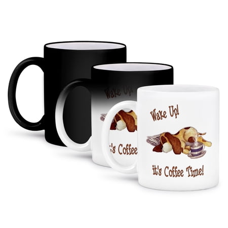 3dRose, Sleeping spotted dog on a newspaper with a cup of coffee , great gift for coffee and dog owners, 11oz Magic Transforming Mug