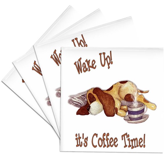 3dRose, Sleeping spotted dog on a newspaper with a cup of coffee , great gift for coffee and dog owners, Set of 4 Ceramic Tile Coasters