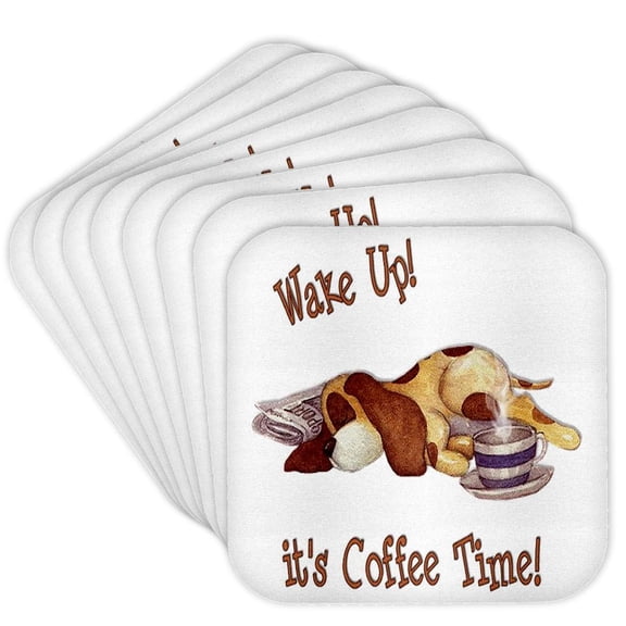 3dRose, Sleeping spotted dog on a newspaper with a cup of coffee , great gift for coffee and dog owners, Set of 8 Coasters - Soft