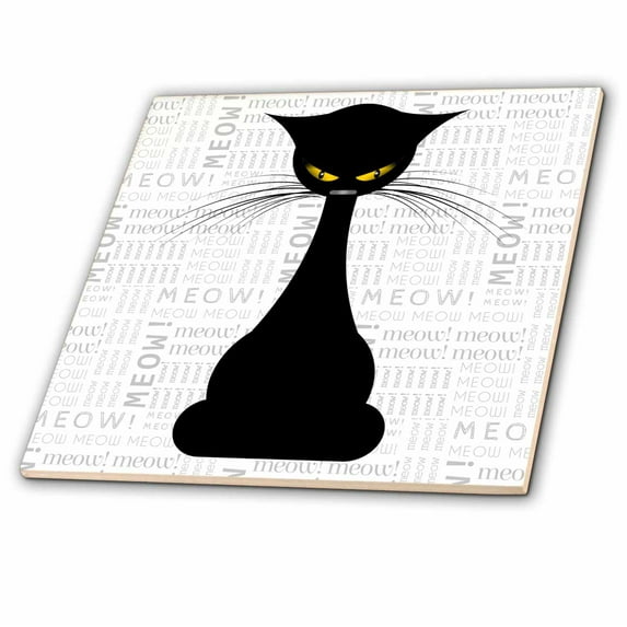 3dRose, Slinky Black Cat on a fun Meow Background for the cat lover., 4 Inch Ceramic Tile
