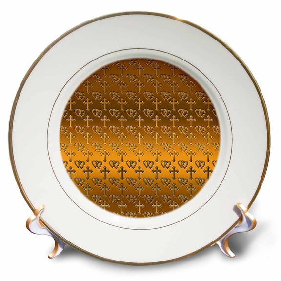 3dRose, Small gold entwined hearts and cross on a bright brass background., 8 inch Porcelain Plate