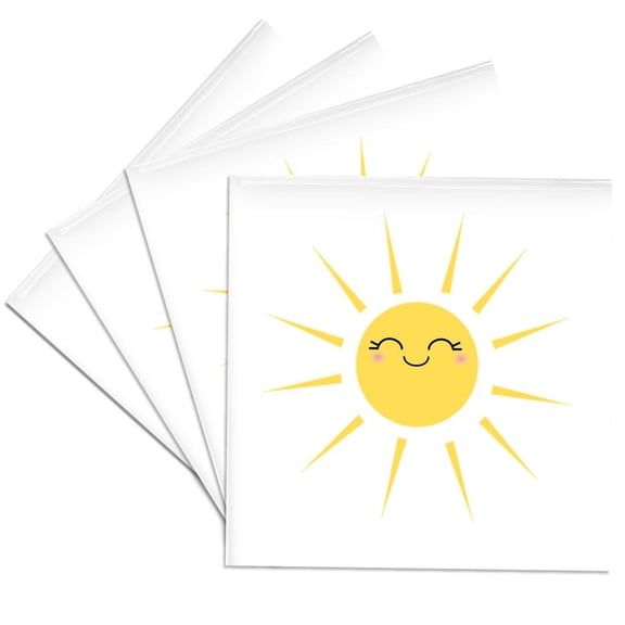 3dRose, Smiling happy sun - cute kawaii yellow sunny smiling face - summery sunshine on white - sweet summer, Set of 4 Ceramic Tile Coasters