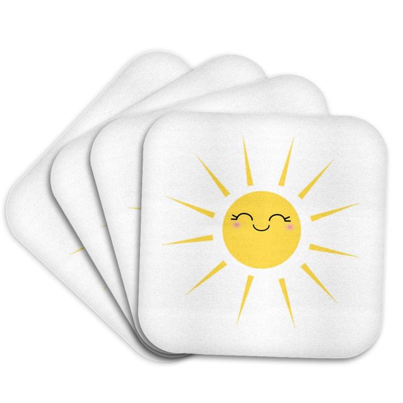 3dRose, Smiling happy sun - cute kawaii yellow sunny smiling face - summery sunshine on white - sweet summer, Set of 4 Coasters - Soft
