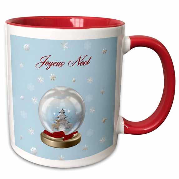 3drose, Snow Globe Deer, Tree and Snowflakes, Merry Christmas in French, 15oz Two-tone Red Mug