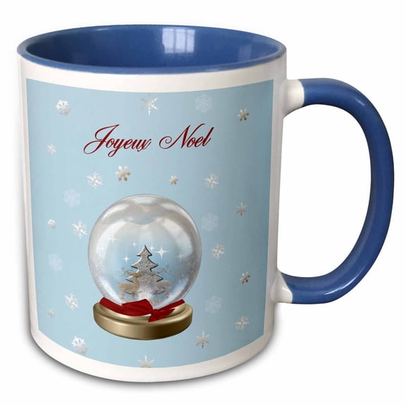 3drose, Snow Globe Deer, Tree and Snowflakes, Merry Christmas in French, 15oz Two-tone Blue Mug