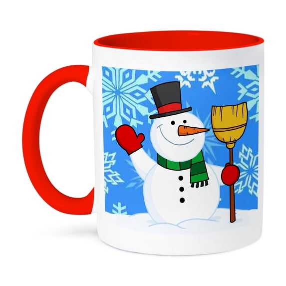 3dRose, Snowman With Snowflake Background , 11oz Two-Tone Red Mug