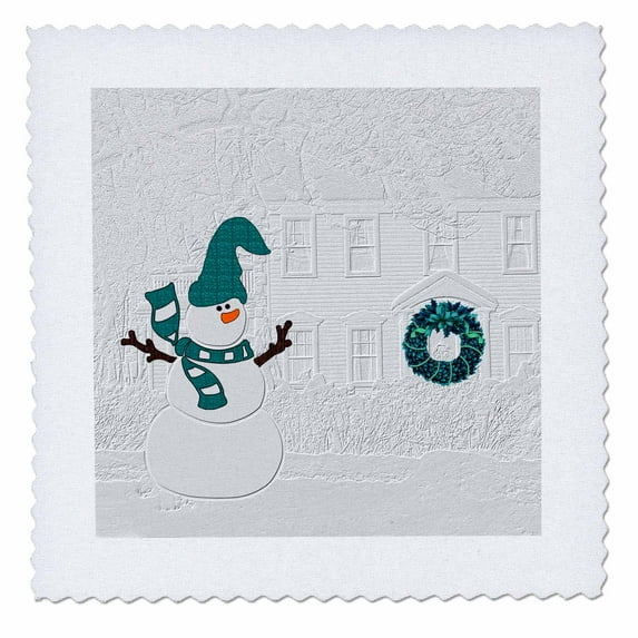 3dRose, Snowman and Wreath on the Door Christmas White and Teal etched look can not be felt to the touch, 10x10 inch quilt square
