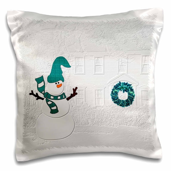 3dRose, Snowman and Wreath on the Door Christmas White and Teal etched look can not be felt to the touch, 16x16 inch Pillow Case