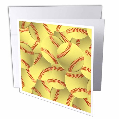 3dRose Softball pattern - yellow red stitched balls - Soft ball sport - sporty - sporting game - team jock, Greeting Cards, 6 x 6 inches, set of 12