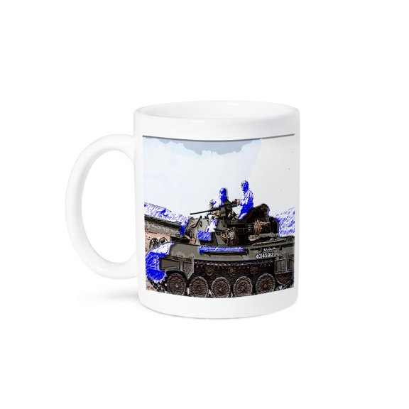 Soldiers On An Army Tank Fighting On The Ground Layered And Finished In Blue Sketching, 11oz Mug