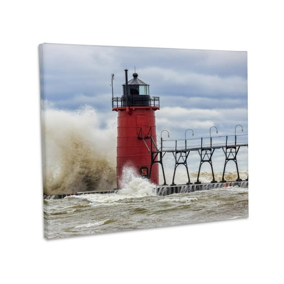 3dRose, South Haven Lighthouse with high waves crashing, Michigan, Museum Grade Canvas Wrap 14x11