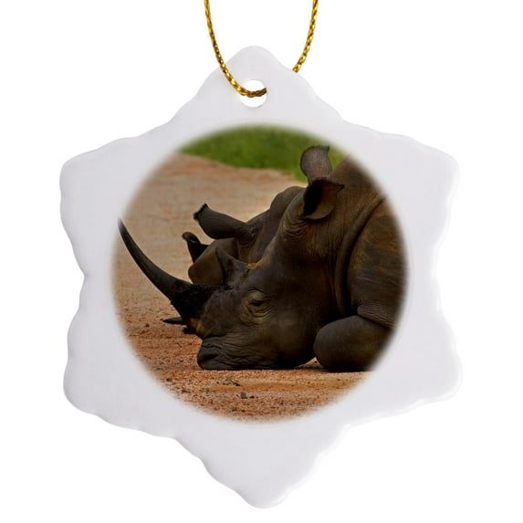 3drose, Southern White Rhinoceroses Blocking the Road, Kruger Np, South Africa, 3 inch Snowflake Porcelain Ornament