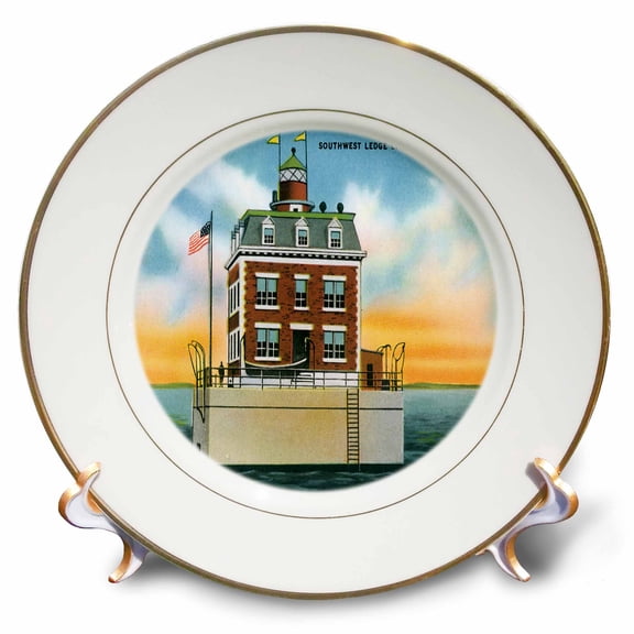 3dRose, Southwest Ledge Light, New London, Connecticut. Lighthouse, 8 inch Porcelain Plate