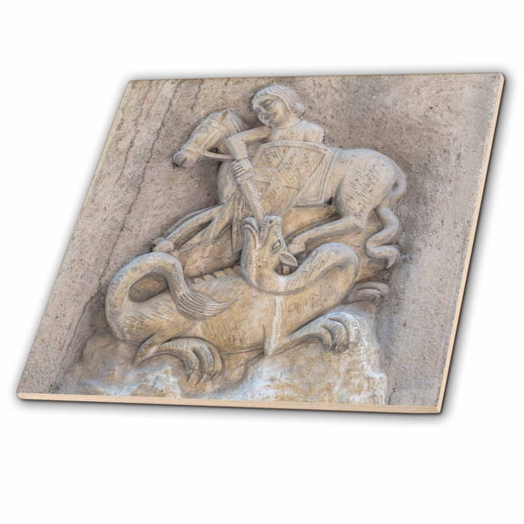 3dRose, Spain, Barcelona, relief sculpture of St. George slaying the dragon, 12 Inch Ceramic Tile