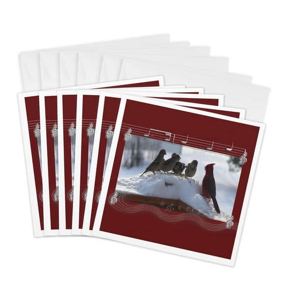 3drose, Sparrow and Cardinal at Choir Pratice, 6 Greeting Cards with Envelopes