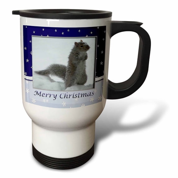 3dRose, Squirrel in the Snow, Merry Christmas, 14oz Stainless Steel Travel Mug
