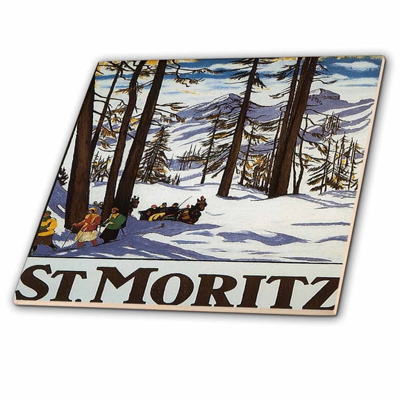 3dRose, St. Moritz Winter Scene with People Skiing and Horse Drawn Sleigh, 4 Inch Ceramic Tile