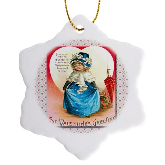 3drose, St Valentines Greetings Cute Little Girl in Blue with Pink Hearts, 3 inch Snowflake Porcelain Ornament