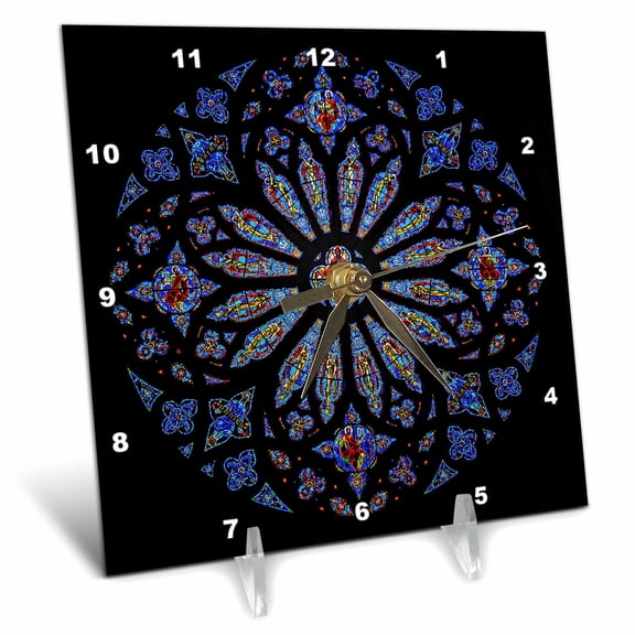 3dRose, Stained Glass Rose Window Cathedral , 6x6 Desk Clock