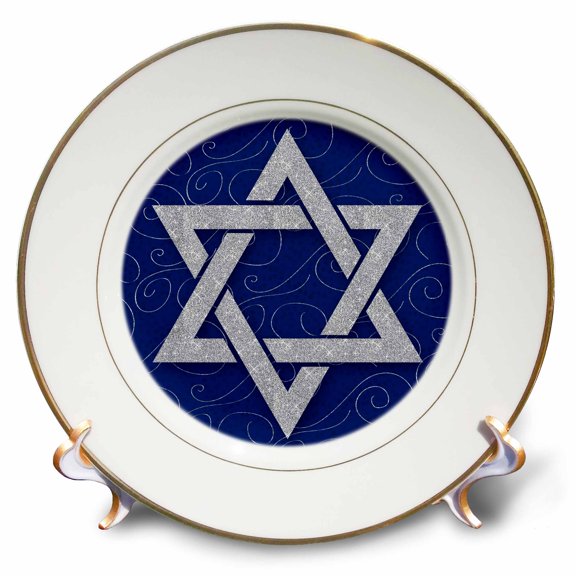 3dRose, Star of David Faux Silver Glitter on Blue and Silver Swirls Hanukkah, 8 inch Porcelain Plate