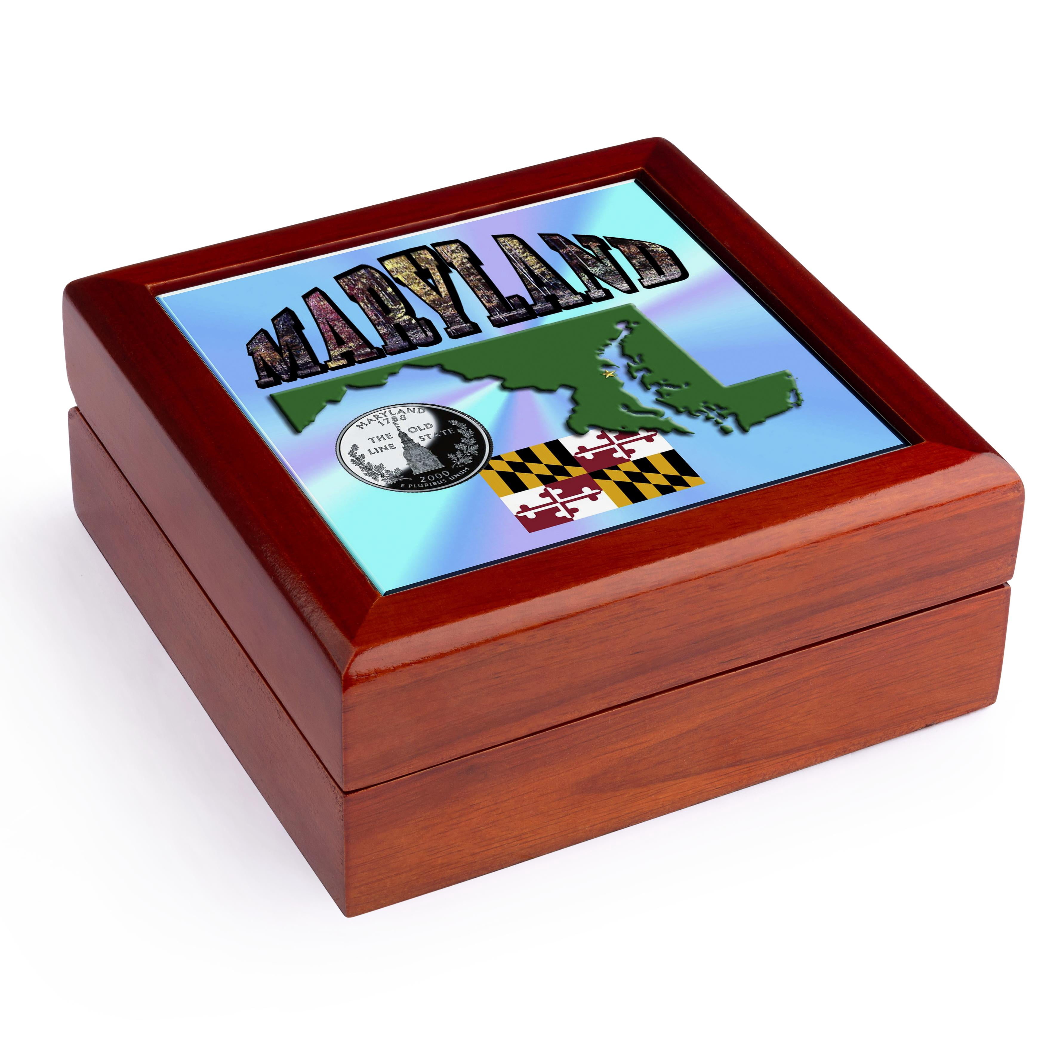 3dRose, State Map, Flag, Quarter and Picture Text of Maryland, Jewelry Box 5.5x5.5 inch with 4 inch tile