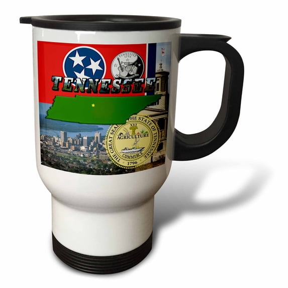 3dRose, State Map, Quarter, Seal, Flag, Buildings and Picture Text, 14oz Stainless Steel Travel Mug