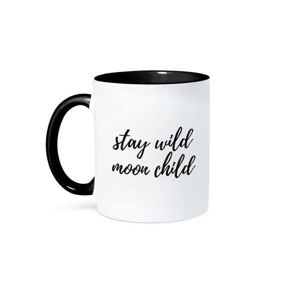 3dRose, Stay wild moon child. Cursive black lettering on white background., 11oz Two-Tone Black Mug